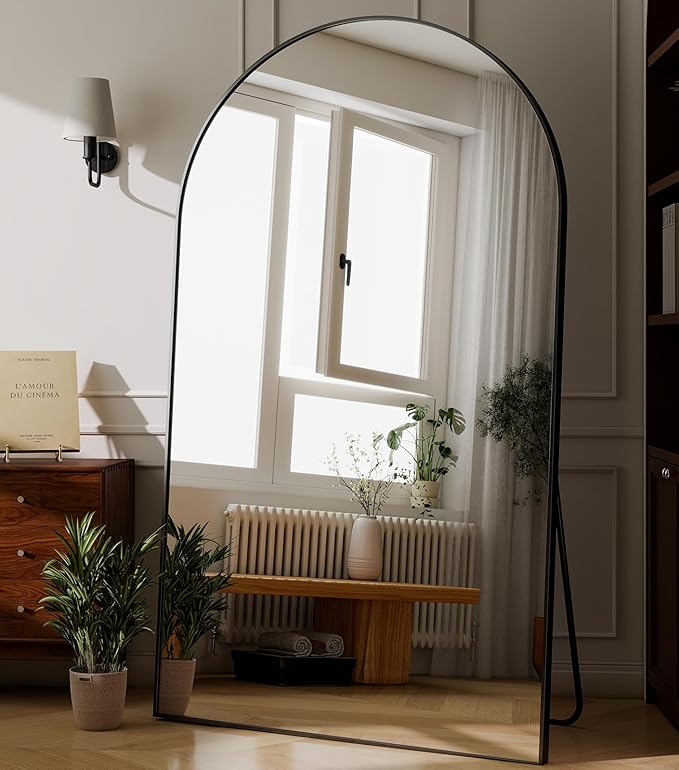 GLSLAND 72"x44" Arched Full Length Mirror – Oversized Full Body Floor Mirror with Aluminum Alloy Frame, Stand & Wall-Mounted Option for Bedroom & Living Room, Black
