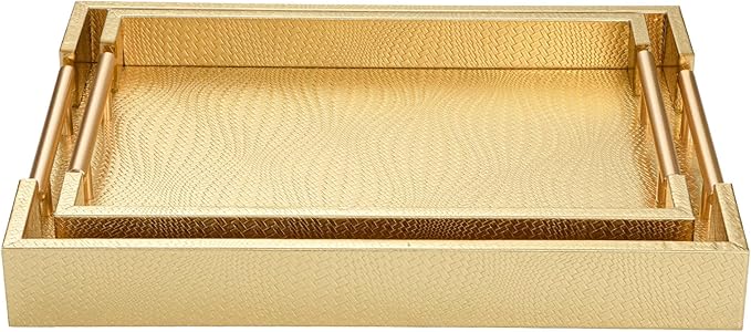 2 Piece Woven Leather Ottoman Tray with Gold Handles, Perfect Rectangular Serving Tray for Living Room, Coffee Table Home Decor Enthusiasts (Golden)
