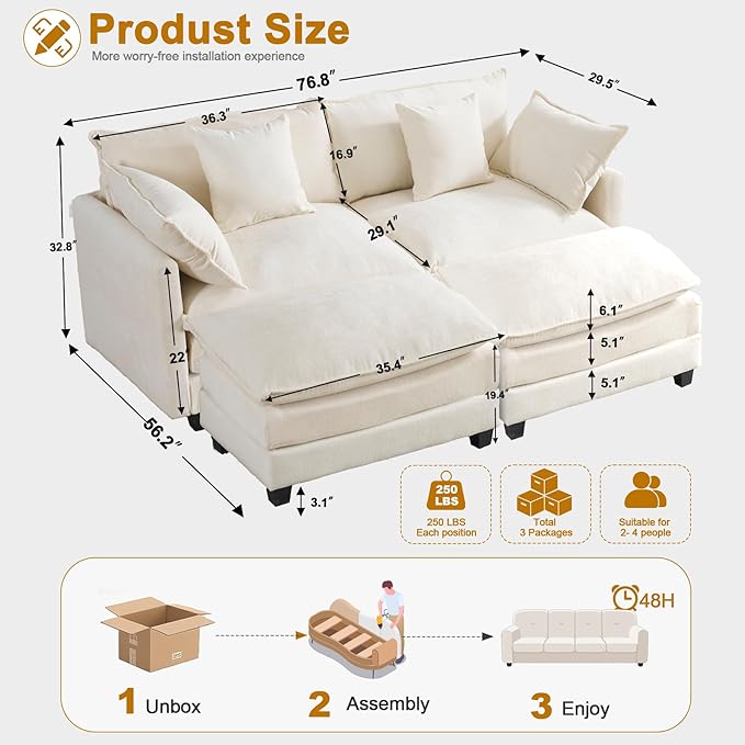 77" Cloud Chenille Sectional Sofa with 2 Ottomans｜Modular Couch with 29.1" Deep Seat｜FSC Solid Wood Frame｜Easy Assembly & 1YR Guarantee｜for Apartment Living Room (Beige, 77 Inch（U）)