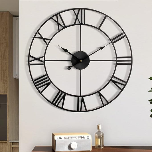 1st owned 16 inch Wall Clock - Metal Retro Roman Numeral Wall Clock, Almost Silent, Easy to Read for Living Room Decor/Home/Kitchen/Bedroom/Office/School(Black)