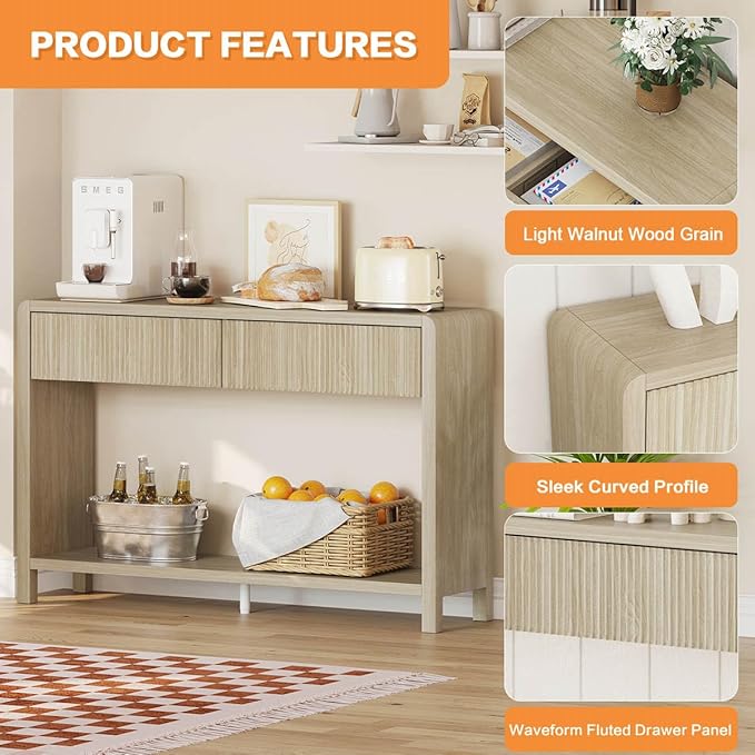 FATORRI Console Table for Entryway Storage, Wood Sofa Tables for Living Room, Couch Table with 2 Drawers for Hallway (47.2 inch, Light Walnut)