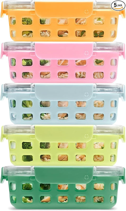 Ello Duraglass 3.4 Cup Meal Prep Sets 10Pc, 5 Pack Set- Glass Food Storage Container with Silicone Sleeve and Airtight BPA-Free Plastic Lids, Dishwasher, Microwave, and Freezer Safe, Meadow