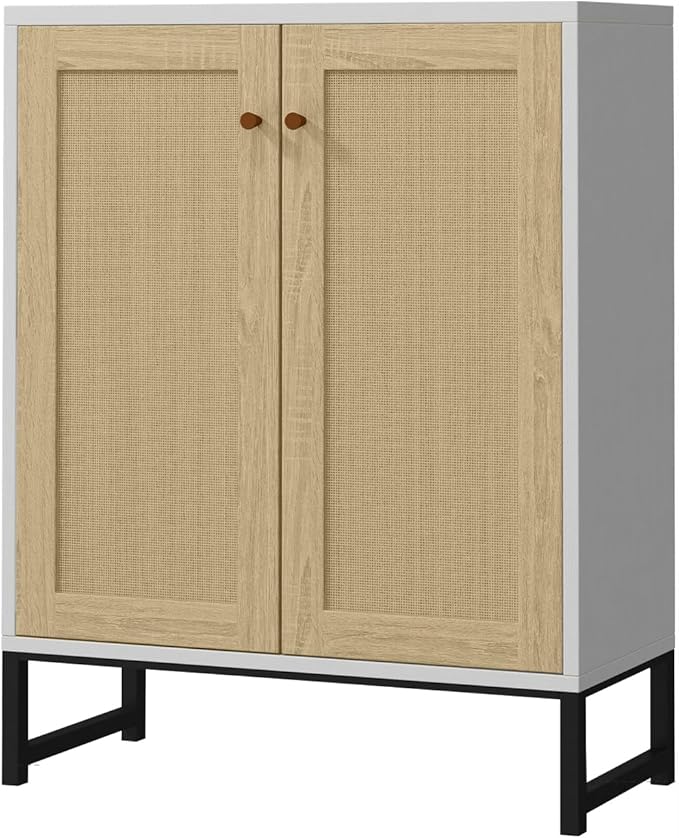 Panana Rattan Decorated 2 Doors Storage Cabinet Accent Cabinet Living Room Cupboard Kitchen Sideboard Buffet Table (White)