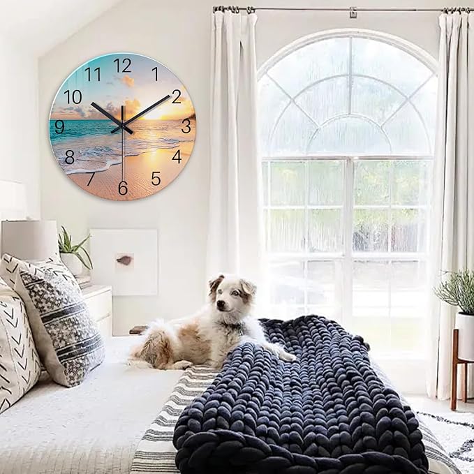 Round Blue Glass Office Wall Clock Decorative 24 Inch Beach Extra Large Wall Clocks Battery Operated Silent Wall Clock Non Ticking