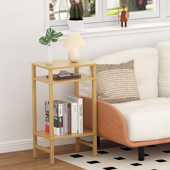 28in Tall Bamboo Side Table Set of 2, 3-Tier Small Narrow End Table for Couch, Skinny Nightstand for Small Space, Farmhouse Slim Night Stand with Storage, Wooden Thin Bedside Table, Natural