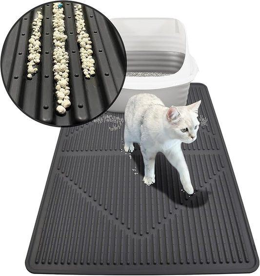 Mofason Rubber Large Cat Litter Mat - Kitty Litter Box mat - Silicone Litter Trapping Catcher Mat - Cat Supplies & Accessories for Indoor Cats (28" x 20") - Black