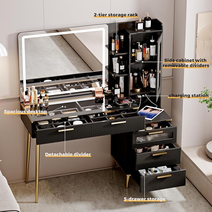 47.24" Big Modern Vanity Desk with Mirror and Lights, Vanity Desk with 29.53" HD Lighted Mirror, Makeup Vanity with 5 Drawers and Storage Shelves and Charging Station, Black2
