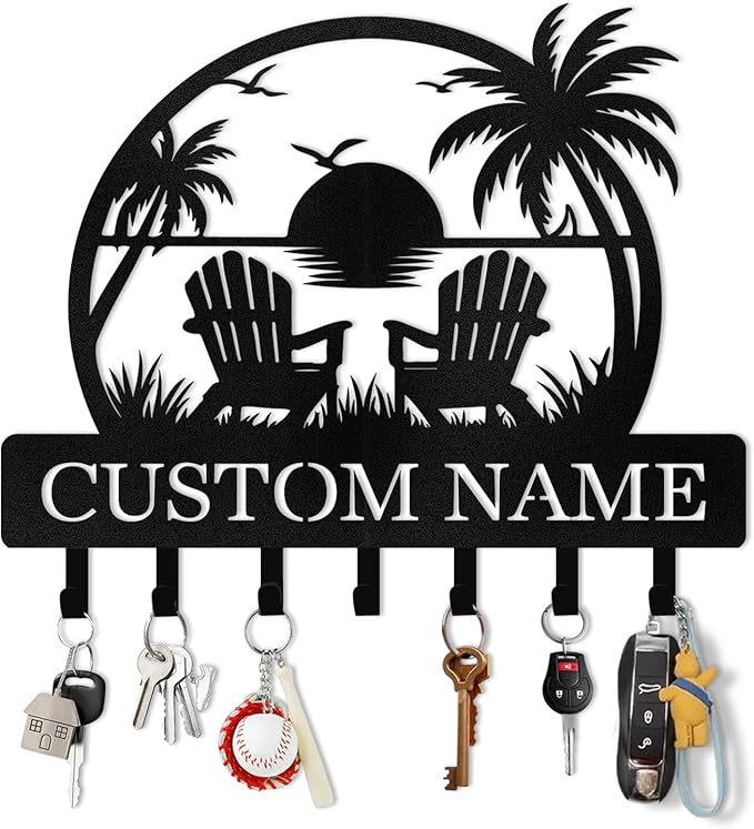 Personalized Key Holder for Wall, Beach Theme Key Holder Wall Mount with Hooks, Coconut Trees Key Hanger Wall Decor for Pool Bathroom Hallway Entryway Office, Customized Home Decor Gifts Color06
