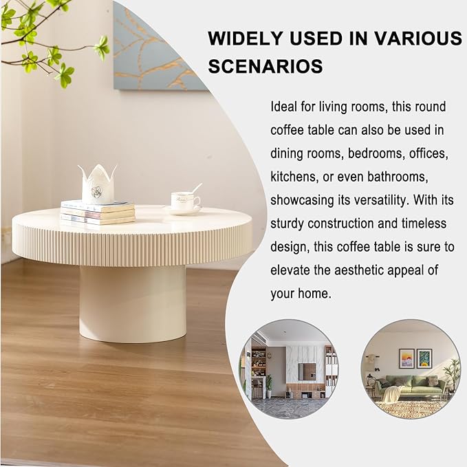 Round Coffee Table, Handcrafted Fluted Drum Coffee Tables Modern Wood Coffee Table Circle Drum Center Table for Living Room, Apartment (White Thin)