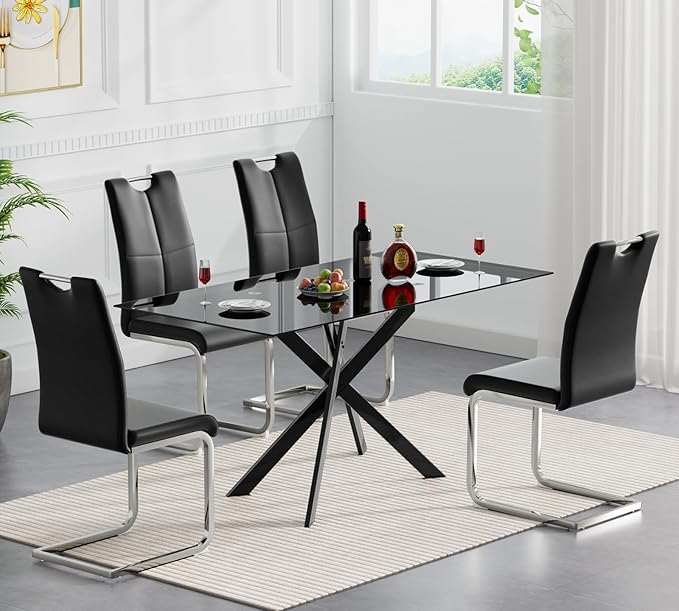 Goujxcy Modern Glass Dining Table Set for 4, Black Glass Kitchen Table and Chairs Set, 5 Piece Dining Room Table Set with 51" Rectangle Dinner Table and 4 Black Leather Dining Chairs