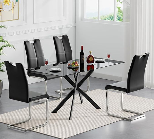 Goujxcy Modern Glass Dining Table Set for 4, Black Glass Kitchen Table and Chairs Set, 5 Piece Dining Room Table Set with 51" Rectangle Dinner Table and 4 Black Leather Dining Chairs