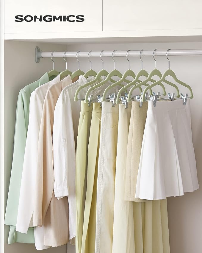 SONGMICS 30-Pack Pants Hangers, 16.7-Inch Long Velvet Hangers with Adjustable Clips, Heavy-Duty, Non-Slip Skirt Hangers, Space-Saving for Pants, Skirts, Coats, Dresses, Pale Green UCRF012GR30