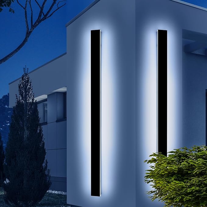 2 Pack 71inch Exterior Wall Light Fixture, 6000K Cold White Modern Long Outdoor Wall Sconce, IP65 Waterproof, 60W, Black Minimalist Outside LED Strip Lights for Garage, Patio, Balcony, Fence