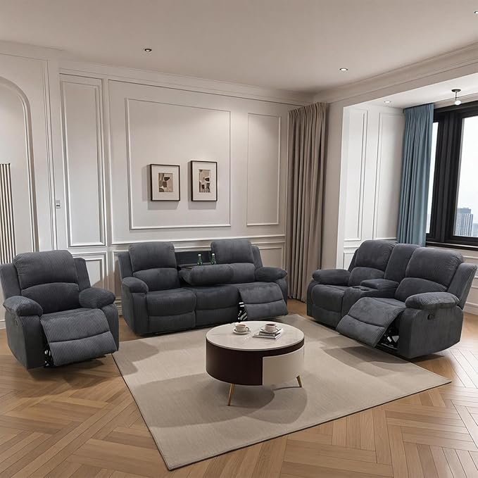 Manual Recliner Sofa Set,Corduroy Reclining Couch Set,Modern Living Room Furniture Set,Reclining Sofa Couch Chair for Living Room Home Office(Dark Grey,3 Pieces Set)