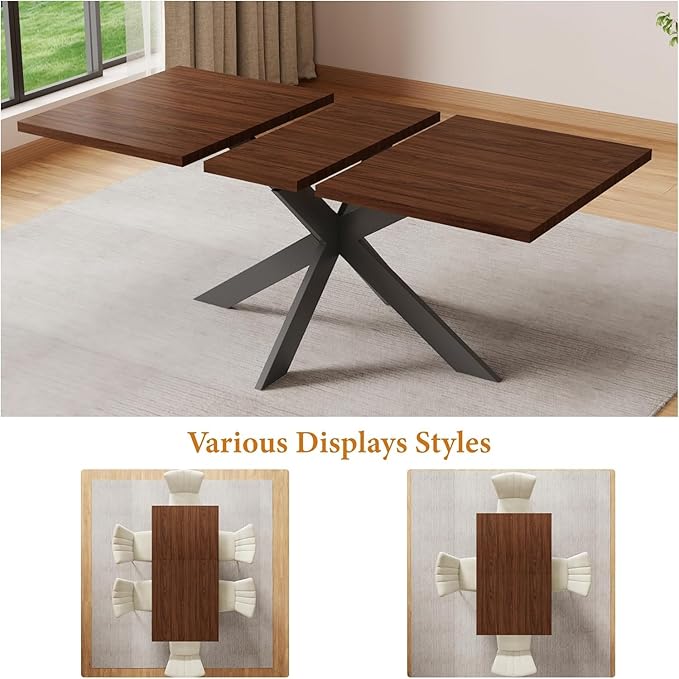 Extendable Dining Table Set for 6–8 People, Modern Walnut Rectangular Dining Table 63"-79" with 6 Leather Chairs, Space-Saving Expandable Kitchen Table Set with Sturdy Metal Frame for Dining Room