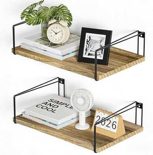 SRIWATANA Wide Floating Shelves, Rustic Wood Wall Shelves Set of 2, Wall Mounted Shelves with Large Capacity for Many Rooms Decor, Carbonized Black