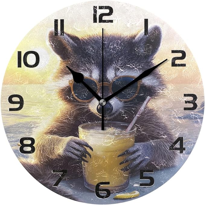 Bolaz Wall Clocks Decorative Bedroom Silent Living Room Desktop Raccoon Sunrise Tabletop Shelf Clocks Round Battery Operated 10 Inch Non-Ticking