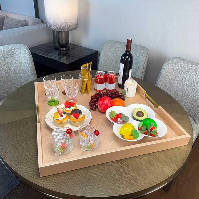 24x24 Inches Extra Large Champagne Faux Leather Wrapped Wood Ottoman Tray with Golden Handles for Serving Food Breakfast On Bed, Square Coffee Table Organizer, Home Decor and Decorative