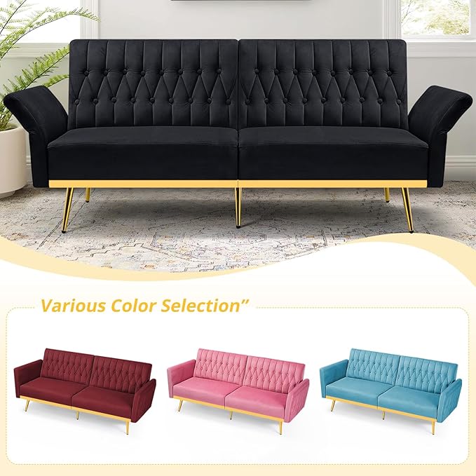 70” Velvet Futon Sofa Bed with 2 Pillows and Adjustable Armrests, Convertible Sleeper Bed W/Adjustable Backrests, Modern Loveseat for Living Room, Bedroom, Black