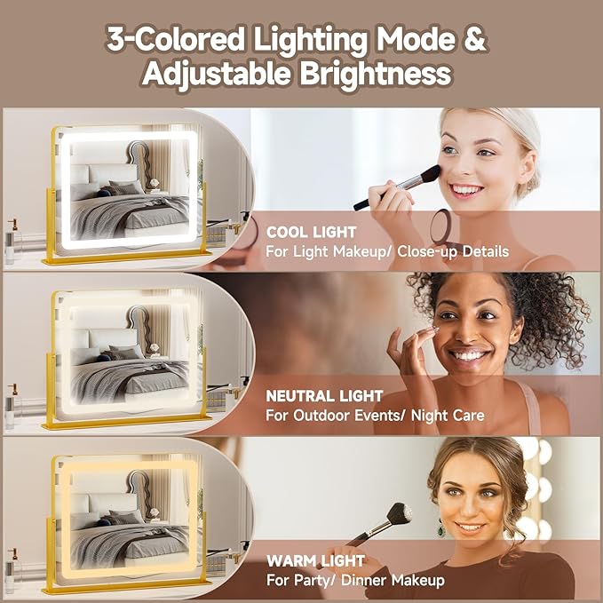 PRIMETEK Vanity Mirror with Lights, 22"x19" Large Makeup Mirror with Lights, Hollywood LED Lighted Makeup Mirror, Touch Sensor with 3-Color Lighting, Dimmable for Vanity Desk Tabletop, Bedroom, Gold