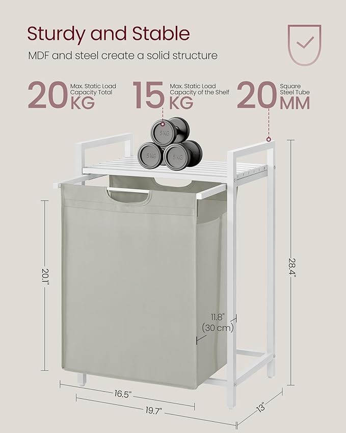 VASAGLE Laundry Hamper, Laundry Basket, Laundry Sorter with A Pull-Out and Removable Bag, Shelf, Metal Frame, 17.2 Gallons (65 L), 19.7 x 13 x 28.4 Inches, Cream White and Cloud White UBLH101W01