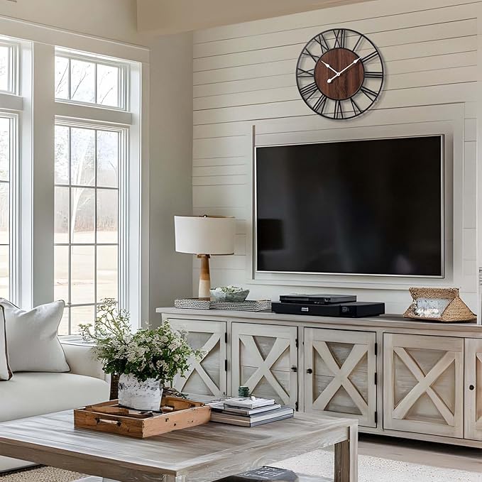 Vantic 24 Inch Large Wall Clock, Roman Numeral Wood Oversized Wall Clocks for Living Room Decor, Farmhouse, Bedroom and Kitchen, Completely Silent, Non Ticking, Battery Operated