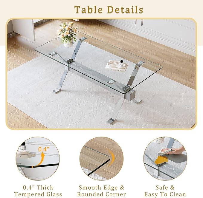 Glass Dining Table 71"｜Modern Dining Table for 6-8｜0.4" Thick Tempered Glass Top｜Chrome Silver Metal Legs｜Grey Crossbar｜Easy Assembly｜Perfect for Dining Room or Kitchen