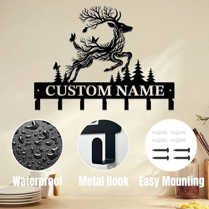 Personalized Custom Name Forest Deer Wall Keys Hooks,Metal Forest Deer Art Clothes Hooks,Metal Forest Deer Wall Home Storage Decorative,For Front Door, Hallway, Kitchen, Bedroom,Keys,Hats (Style F)