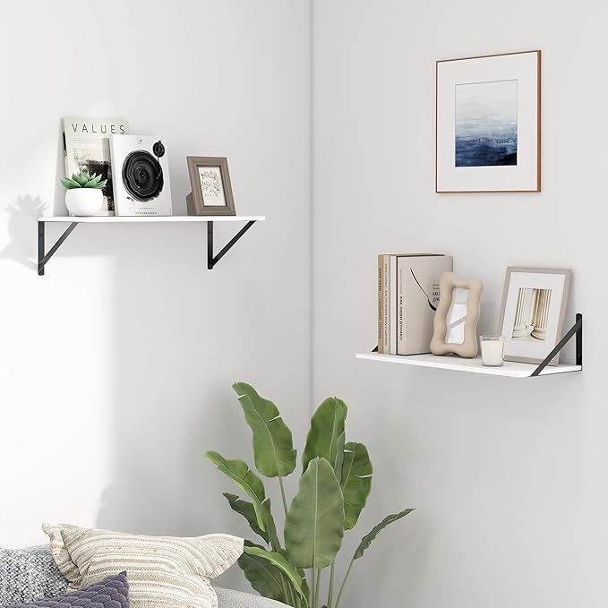 Fun Memories Deep Floating Shelves for Wall, 24W x 8D Wall Mounted Shelves Set of 2, Wide Display Ledge Shelf with Sturdy Metal Brackets for Living Room, Bathroom, Bedroom and Kitchen, White