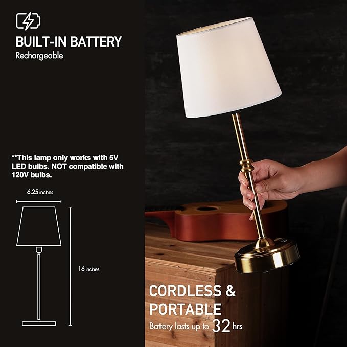 O’Bright Seraph - Cordless LED Table Lamp with Dimmer, Built-in Rechargeable Battery, 3-Level Brightness, Patio Table Lamp, Bedside Night Lamp, Ambient Light for Restaurant, Antique Brass