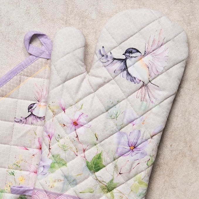Maison d' Hermine 100% Cotton Oven Mitt & Pot Holder Set (7.5"x13" & 8"x8") Heat Resistant BBQ Cooking Gloves with Loop, Baking, Grilling, Kitchen, Handling Hot Pans Spring/Summer (Magnolia Mornings)