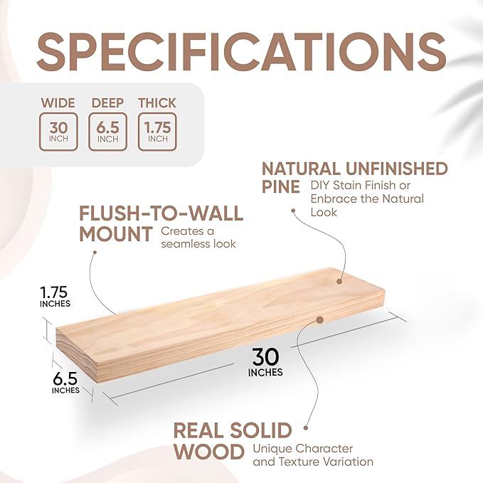 Homeforia 30 inch Wood Floating Shelves, High End Solid Natural Wood 30inch Floating Shelf for Wall, Unfinished Wooden 30 inches Floating Shelves, Heavy Duty Bracket, 30 X 6.5 X 1.75 in, Set of 4