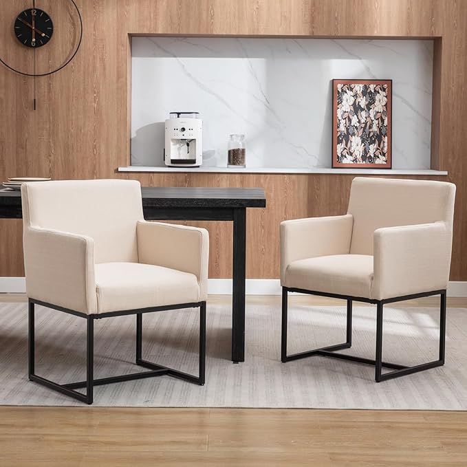 Linen Upholstered Dining Chairs with Arms Set of 4 Mid Century Modern Accent Chairs Armchairs with Black Metal Frame, Modern Kitchen & Dining Room Chairs, Cream