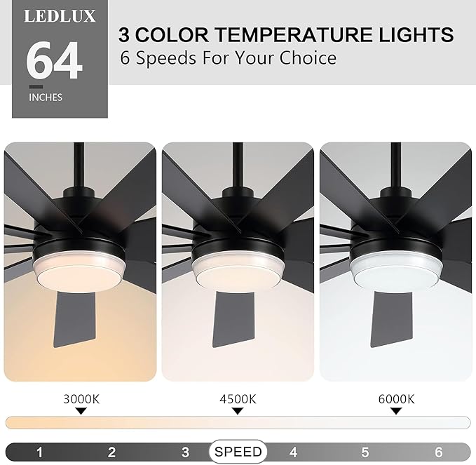 64" DC Motor Ceiling Fan with Light, 6-Speed Remote Control, Reversible Motor, Modern 9 Blades Black Ceiling Fan with 4.5"/12" Downrods for Home or Commercial, Living Room/Restaurant