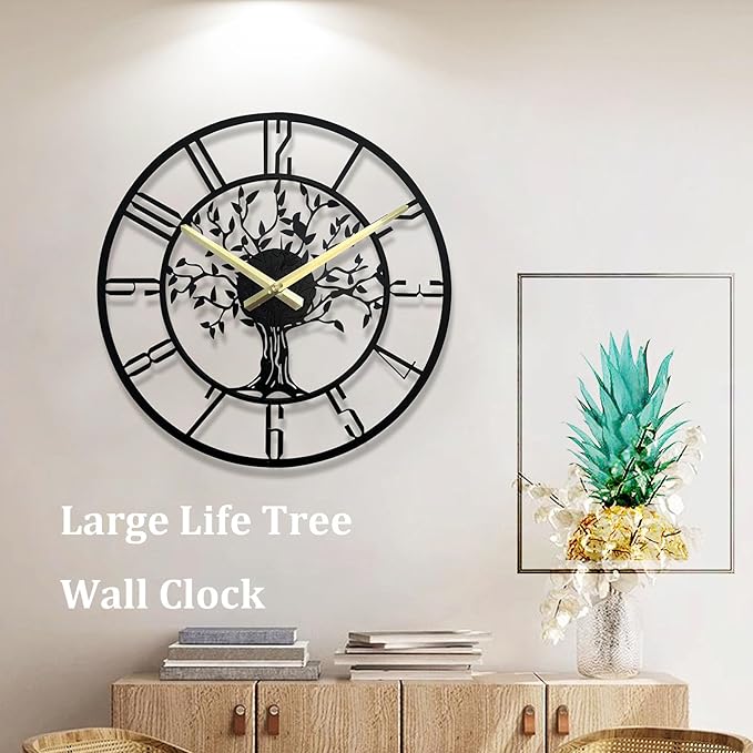 Large Tree of Life Wall Clock, Metal Large Modern Wall Clocks for Living Room, 22 in Oversized Battery Operated Silent Clock for Office,Living Room,Kitchen Decor