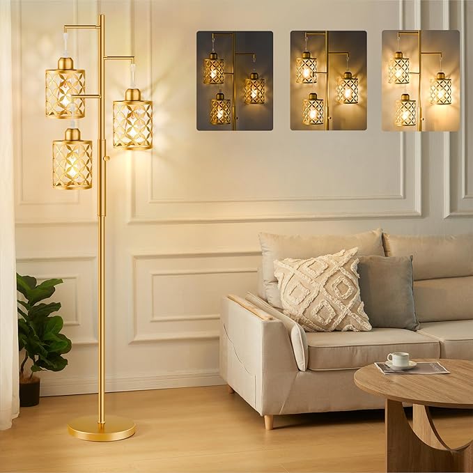 【Upgraded】72" Tall Dimmable Floor Lamp, Modern Standing Lamp with Elegant Metal Cages, Industrial Tree Floor Lamps for Living Room, Bedroom, Study Room, Office (3 x 800LM LED Bulbs Included) - Gold