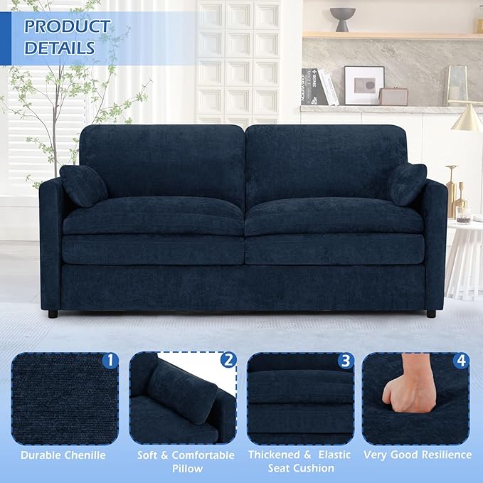 69” Chenille Loveseat Sofa w/Arm Pillows, Upholstered 2-Seater Sofa w/Comfortable Back Cushions, Modern 2 Seats Couch w/High-Density Foam for Living Room, Apartment, Office, Blue