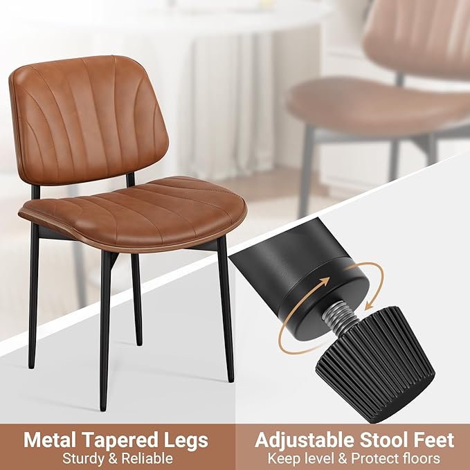 Dining Chairs Set of 6, Mid-Century Modern Upholstered PU Leather Chairs with Walnut Bentwood Back and Metal Legs Adjustable Feet for Kitchen Dining Room, Camel Shell Strips