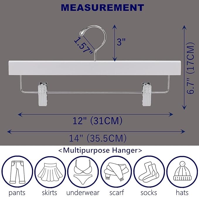 Amber Home 10 Pack White Wooden Pants Hangers with 2-Adjustable Clips for Jeans, Slacks, Shorts