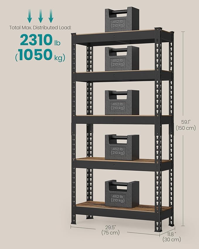 SONGMICS 5-Tier Storage Shelves, Load 2310 lb, Garage Storage, Boltless Assembly, Adjustable Shelving Unit, 11.8 x 29.5 x 59.1 Inches, for Study Shed Basement, Black and Rustic Brown UGLR300B11