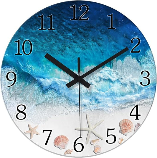 XNM Beach Small Wall Clocks Battery Operated 12 Inch Blue Round Costal Wall Clock for Kitchen Quiet Wall Clock Modern