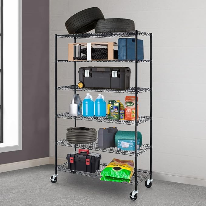 BestOffice Storage Shelves 6 Tier Metal Shelves Adjustable Heavy Duty Garage Shelving Wire Shelving Unit Capacity 6000LBS with Wheels for Kitchen, Garage Pantry Closet Commercial,Black