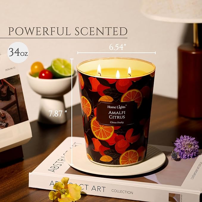 HomeLights 3-Wick Candles for Home Scented - 34oz Soy Wax Blend Candle Long-Lasting Fragrance, Eclectic Mixed Styles Home Decor and Housewarming Gifts, Amalfi Citrus