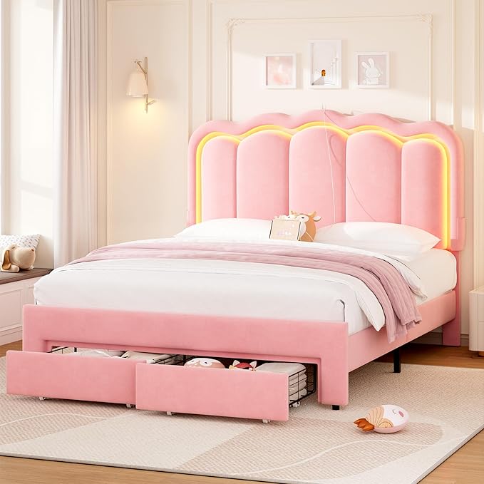 Queen Upholstered LED Bed Frame with 2 Storage Drawers and Adjustable Chic Double Wavy Headboard, Velvet Princess Platform Bed with Charing Station, Solid Wood Slats Support,No Box Spring Needed, Pink