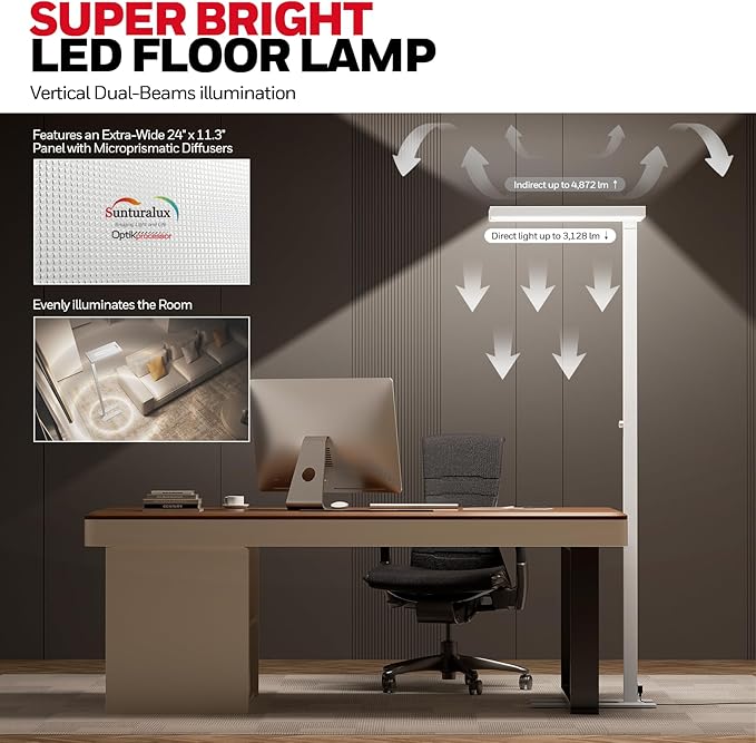 Honeywell 8000LM LED Floor Lamp, 02E Gen Sunturalux Eye-Caring Reading Standing Light, 80W Modern Natural Daylight 4000K Dimmable 77" Tall Floor Lamps for Living Room Kids Study Home Office White