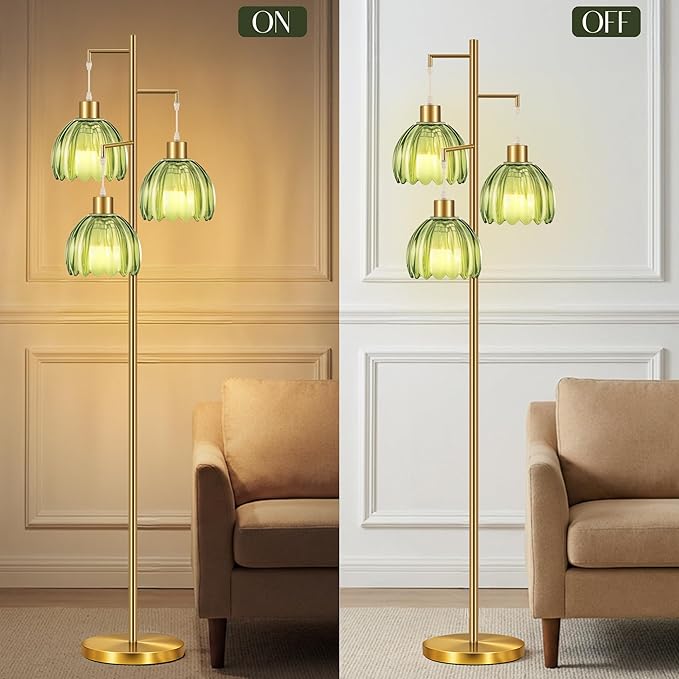 COTTHOS Gold Floor Lamp for Living Room, Modern Standing Lamp Brass Glass Green Tree 3 Light Tall Floor Lamps for Bedroom & 800 Lumens LED Bulbs, Vintage Flower Lamp Shade Farmhouse Boho Bohemian