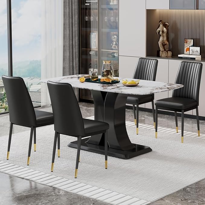 Modern Dining Table Set for 4, Marble Kitchen Table Chair Set for 4, Rectangular Kitchen Table with 4 Pu Leather Upholstered Chair for Dining Room (White+Black, 1 Table with 4 Chairs)