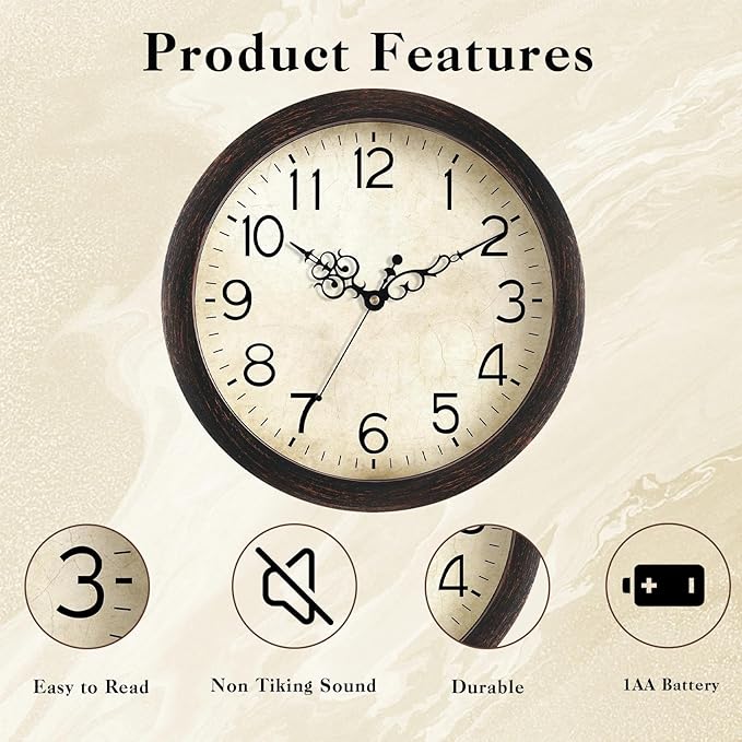 Wall Clock, Vintage Wall Clocks Battery Operated Quartz Silent Non-Ticking 16 Inch Retro Rustic Style Clock Decorative for Kitchen,Bathroom Home Office (Bronze)