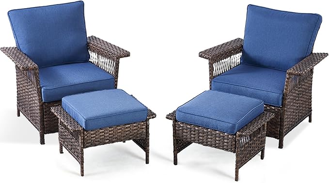 4 Pieces Wicker Patio Furniture Set - Hollow Widen Armrests Comfy Outdoor Rattan Chairs with Ottomans, Small Patio Convention Set for Balcony Porch Deck and Yard - Brown/Blue