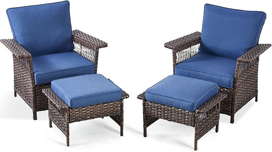 4 Pieces Wicker Patio Furniture Set - Hollow Widen Armrests Comfy Outdoor Rattan Chairs with Ottomans, Small Patio Convention Set for Balcony Porch Deck and Yard - Brown/Blue